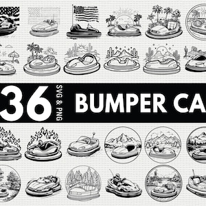 May include: A set of 36 black and white bumper car illustrations in diverse designs. Some designs feature flags, palm trees, and desert scenes. The text "36 SVG & PNG BUMPER CAR" is displayed below the illustrations.