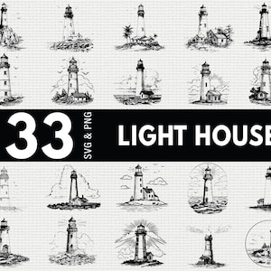 May include: A collection of 33 lighthouse illustrations in black and white. The lighthouses are depicted in various settings, including rocky shores and coastal landscapes. The text "LIGHT HOUSE" is displayed below the illustrations.