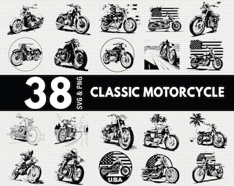 Classic Motorcycle SVG PNG Bundle, Vintage Bike Silhouette Clipart, Biker Cricut Cut Files Vector