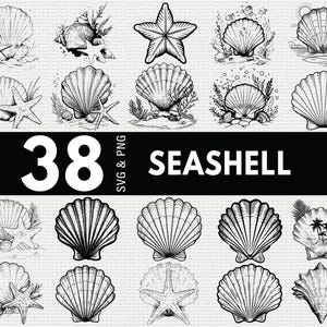 以下が含まれることがあります： 白黒のイラストで描かれた貝殻とヒトデ。画像には、さまざまな貝殻のデザインが施された38個のSVGおよびPNGファイルが含まれており、クラフトやデザインプロジェクトに最適です。「SEASHELL」の文字が太字の白で書かれています。