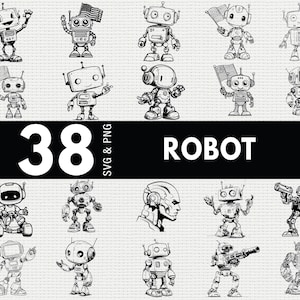 Puede incluir: Ilustraciones en blanco y negro de 38 robots en varias poses. Algunos robots sostienen banderas, otros saludan o están de pie con los brazos levantados. La palabra "ROBOT" se muestra en texto blanco sobre un fondo negro, con "38 SVG & PNG" debajo.