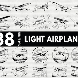 Könnte beinhalten: Schwarz-Weiß-Illustrationen von 38 leichten Flugzeugen in verschiedenen Stilen. Einige sind in Kreisen mit Landschaften. Der Text "38 Light Airplane SVG & PNG" wird in einem schwarzen Rechteck angezeigt.