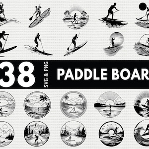May include: A set of 38 black and white paddle board designs in SVG and PNG formats. The designs show silhouettes of people paddle boarding on different water scenes, including oceans, lakes, and rivers, with sun and landscape features.