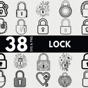 May include: A collection of 16 black and white lock illustrations in various designs. The word "LOCK" is displayed in white text on a black background, with the number "38" above it. The image is labeled "SVG & PNG".