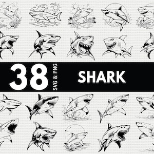 May include: A collection of 38 black and white shark illustrations in various poses, including swimming, jumping, and with open mouths. The word "SHARK" is displayed in bold white letters on a black background, with "SVG & PNG" below.