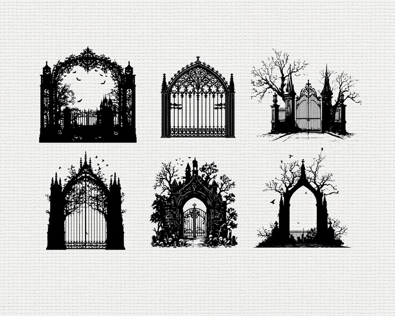 Gothic Gate SVG PNG Bundle, Haunted Fence Silhouette Clipart, Halloween ...