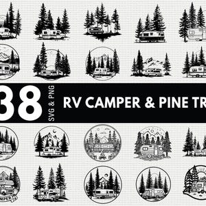 May include: Black and white illustrations of RV campers and pine trees. The image includes 38 SVG and PNG files. The text "RV Camper & Pine Tree" is displayed in a bold, sans-serif font. The illustrations are in various circular and rectangular arrangements.