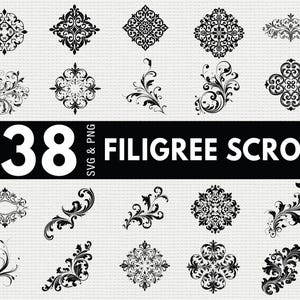 May include: A collection of 38 black filigree scroll designs in SVG and PNG formats. The designs include various ornate floral and geometric patterns, perfect for digital art projects. The text "38 Filigree Scroll" is displayed in white on a black banner.