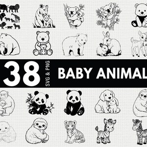 May include: Black and white illustrations of baby animals, including elephants, lions, koalas, bears, rabbits, deer, monkeys, pandas, dogs, sloths, tigers, and zebras. The text "38 BABY ANIMALS SVG & PNG" is displayed in the center.