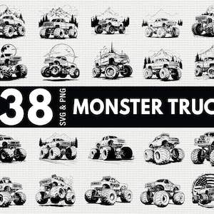 Puede incluir: Ilustraciones en blanco y negro de monster trucks en varios diseños. La imagen incluye el texto "38 SVG & PNG MONSTER TRUCK". Los camiones se representan con neumáticos grandes y detalles, algunos con fondos de montañas y luna.