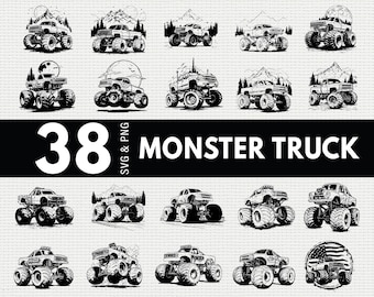 Pacchetto SVG PNG Monster Truck, Clipart silhouette fuoristrada, File Cricut da corsa vettoriali
