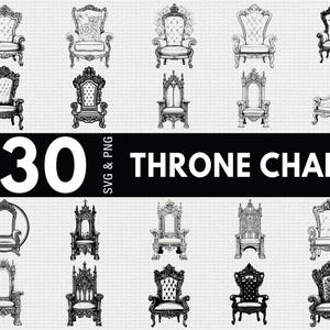 Puede incluir: Una colección de 30 diseños de sillas de trono en blanco y negro. Las sillas varían en estilo, desde el barroco ornamentado hasta el gótico, con tallas y adornos detallados. El texto "30 THRONE CHAIR" está presente.
