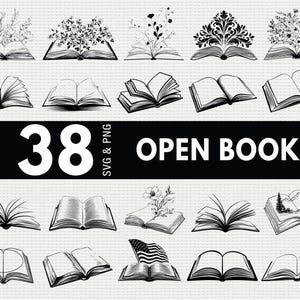 May include: A collection of 38 open book illustrations in SVG and PNG formats. The black and white images depict various open books, some with floral or decorative elements, and one with an American flag design.