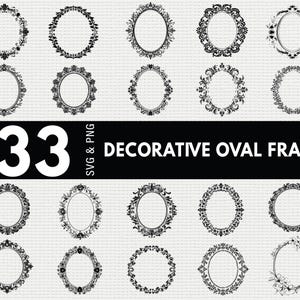 Könnte beinhalten: Eine Sammlung von 33 dekorativen ovalen Rahmen in Schwarz und Weiß. Die Rahmen weisen verschiedene verzierte Designs auf, darunter florale, Ranken- und geometrische Muster. Der Text "33 Decorative Oval Frame" wird in der Mitte angezeigt.