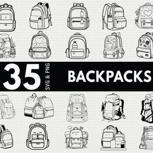 Könnte beinhalten: Schwarz-Weiß-Illustration von 35 Rucksackdesigns. Das Wort "BACKPACKS" ist in fetter weißer Schrift dargestellt. Das Bild zeigt Rucksäcke mit verschiedenen Merkmalen, wie z. B. Wasserflaschentaschen und Herzmustern.