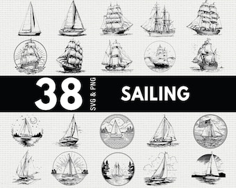 Sailing SVG PNG Bundle, Sailboat Silhouette Clipart, Nautical Ocean Cricut Cut Files, Marine Vector