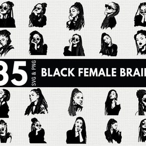 Op de afbeelding: Een digitale afbeelding met 35 zwart-wit illustraties van vrouwen met verschillende gevlochten kapsels. De tekst "35 BLACK FEMALE BRAIDS" staat prominent in het midden. De afbeeldingen zijn in SVG- en PNG-formaten.