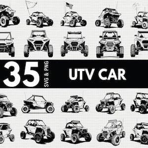 Könnte beinhalten: Eine Sammlung von 35 UTV-Autoillustrationen in Schwarzweiß. Die Bilder zeigen verschiedene Offroad-Fahrzeugdesigns, darunter Side-by-Side-Modelle, mit unterschiedlichen Rad- und Karosseriestilen. Der Text "35 SVG & PNG" und "UTV CAR" ist ebenfalls enthalten.