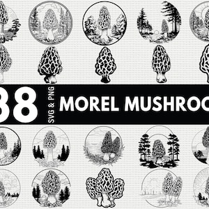 May include: A collection of 38 black and white morel mushroom illustrations in various designs. Some designs feature the mushrooms in circular frames with trees and landscapes. The text "MOREL MUSHROOM" is displayed below the illustrations.