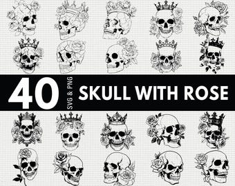 Skull with Rose SVG PNG Bundle, Gothic Silhouette Clipart, Romantic Horror Cricut Cut Files