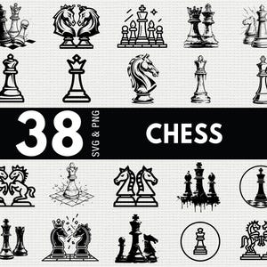 Może przedstawiać: Zbiór 38 czarno-białych grafik SVG i PNG o tematyce szachowej. Obrazy przedstawiają figury szachowe, takie jak króle, królowe, skoczki i pionki, wraz ze słowem "CHESS" pogrubioną białą czcionką.