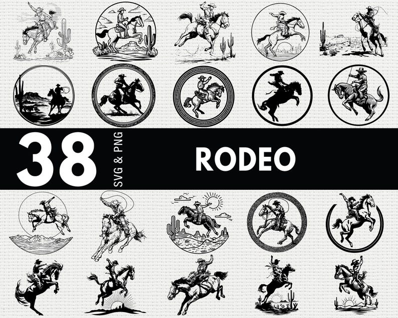 Frame Outline Rodeo Rodeo SVG PNG Bundle, Cowboy Western Silhouette Clipart, Bull Riding ...