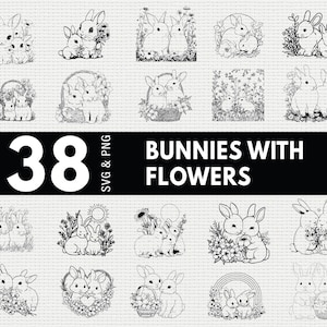 May include: Black and white illustrations of bunnies with flowers. The image features 38 different designs of bunnies, some with flowers, in various poses. The text "38 SVG & PNG BUNNIES WITH FLOWERS" is also included.