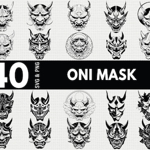 May include: A collection of 40 black and white Oni mask designs in various styles. The masks feature horns, fangs, and intricate details. The text "40 SVG & PNG" and "ONI MASK" is displayed.