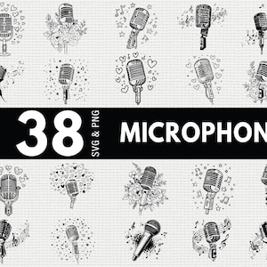 May include: A collection of 38 black and white microphone illustrations in various designs. Some microphones are decorated with hearts, musical notes, and flowers. The text "MICROPHONE" is displayed below the illustrations.