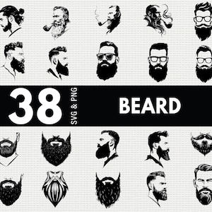 May include: A collection of 38 black and white beard illustrations in SVG and PNG formats. The images showcase various beard styles, including full beards, trimmed beards, and beards with mustaches. The word "BEARD" is displayed in bold white text.