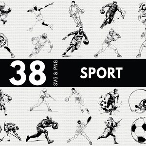 May include: Black and white illustrations of various sports figures in action. The image includes depictions of football, basketball, baseball, hockey, soccer, and tennis. The word "SPORT" is displayed in bold white text on a black background, with the number "38" above it.
