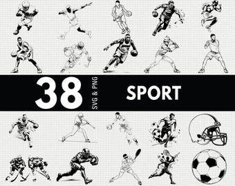 Könnte beinhalten: Schwarz-Weiß-Illustrationen verschiedener Sportarten. Das Bild zeigt Sportler beim American Football, Basketball, Baseball, Hockey, Fußball und Tennis. Das Wort "SPORT" steht in Weiß auf schwarzem Hintergrund, darüber die Zahl "38".
