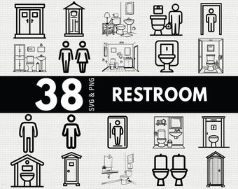 Può includere: Illustrazioni in bianco e nero a tema bagno. L'immagine include varie rappresentazioni di servizi igienici, cartelli dei bagni ed edifici dei bagni. La parola "RESTROOM" è visualizzata in grandi lettere bianche in grassetto.