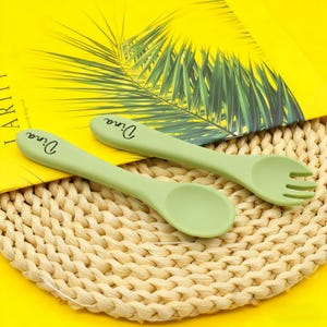 Personalized Silicone Baby Utensil Set: Spoon & Fork - New Mom Gift