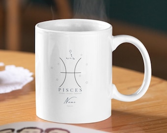 Mug en porcelaine personnalisé avec le signe astrologique des Poissons – cadeau pour grand-mère, grand-père, maman, papa, enfant – mug à café avec nom – moderne et élégant