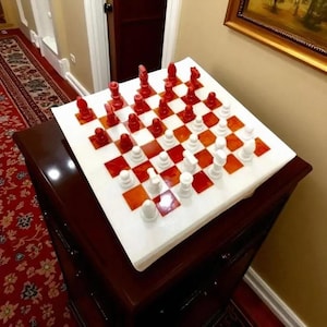 White Marble Inlay Chess Set | Board Game | Handmade Modern Art Chessboard Table with Carnelian Stone - Ideal for Playing and Gifting
