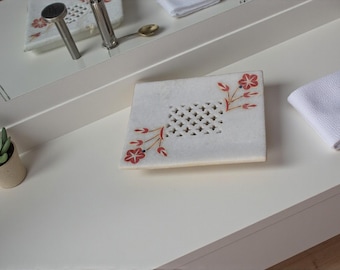 White Marble Soap Dish with Carnelian Inlay, Handmade Bathroom Decor