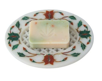 Oval Marble Soap Dish with Stone Inlay, Crafted in India