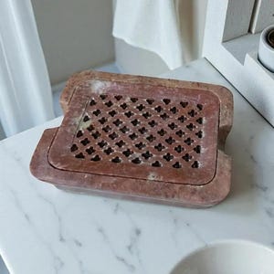Marble Soap Dish with Lid - Handmade Natural Soapstone Holder | Rustic Marble Handmade Bathroom Accessory and Toiletries- Brown