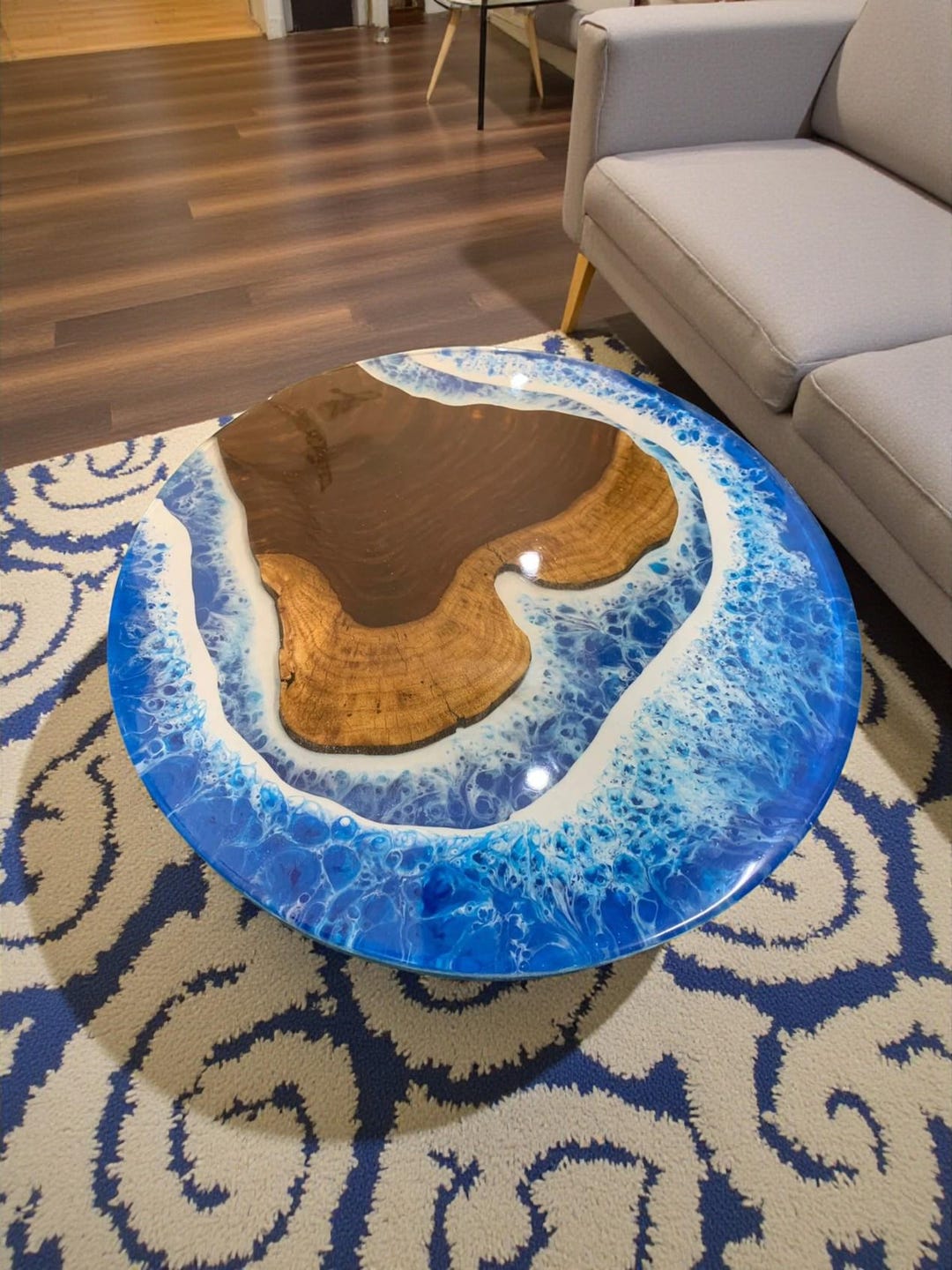 Round Acacia Wood Coffee Table, Ocean Wave Epoxy Resin, Modern Home ...