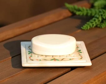 Marble Soap Dish with Semi-Precious Stone Inlay, Handcrafted Indian Artisan Bathroom Accessory