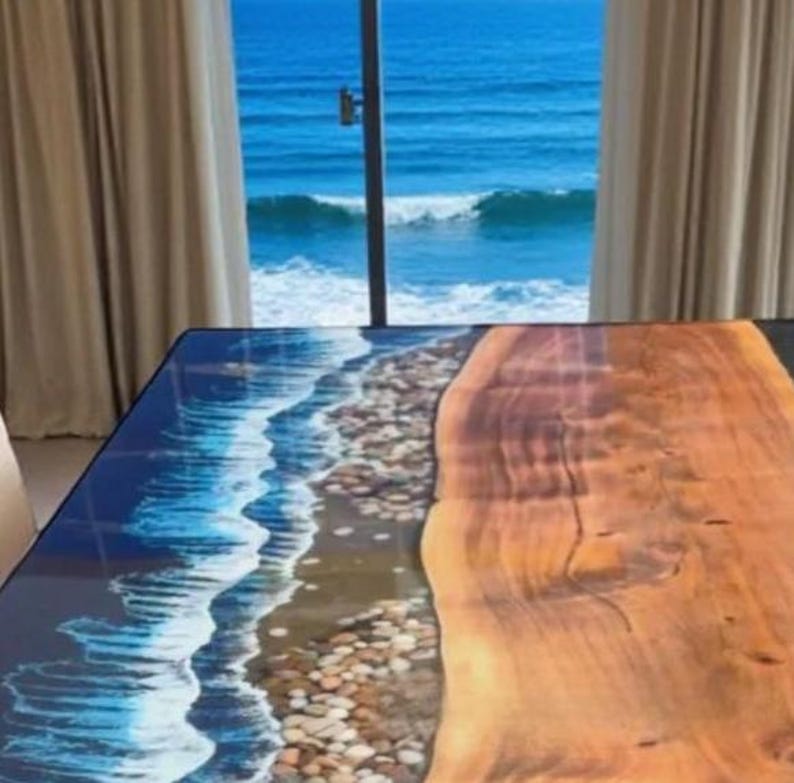 Handmade Ocean Beach Epoxy Resin Dining Table: Live Edge Wood - Etsy