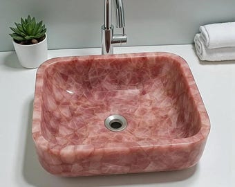 Kwadratowa umywalka z różowego kwarcu – luksusowa, ręcznie robiona kamienna umywalka do łazienki i kuchni