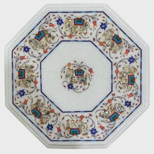 Weißer Marmor Inlay Elefant Tischplatte - Achteck Perlmutt Akzent Tischdekoration