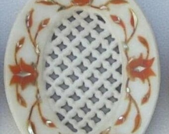 Oval Marble Soap Dish with Carnelian Inlay, Floral Bathroom Decor
