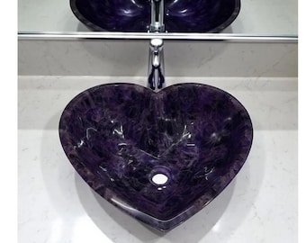 Lavabo de piedra amatista en forma de corazón – Lavabo de cristal artesanal, lavabo de baño de lujo color púrpura, lavabo de tocador de amatista natural