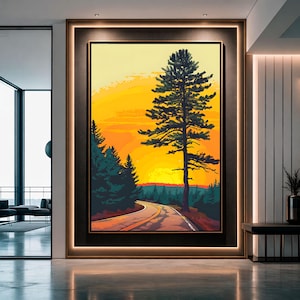 Pine Tree and Sunset Illustration, Forest and Nature Wall Art, Serene Nature Journey Canvas, Modern Pine Decor, Framed Mountain Landscape