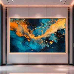 Blue Gold Marble Canvas Wall Art, Large Fluid Abstract Liquid Print, Modern Luxury Minimalist Office Decor, Elegant Golden Statement Poster