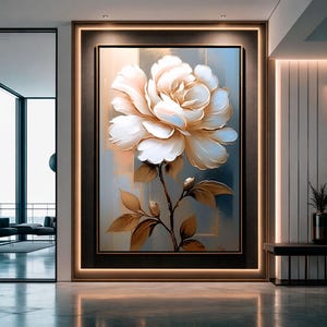 White and Gold Peony Wall Art, Luxury Rose Canvas Print, Steel Blue and Gold Floral Decor, Large Modern Flower Painting, Elegant Metal Leaf