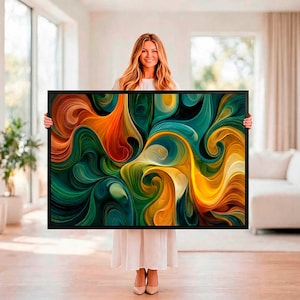 May include: A rectangular wall art piece featuring a vibrant abstract design with swirling, fluid patterns in shades of deep teal, forest green, bright yellow, and burnt orange, all enclosed within a thin, solid black frame.